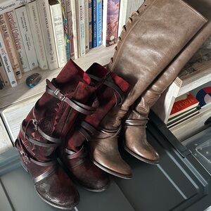 Freebird by Steven Burgundy Suede and Taupe Cole Over the Knee Boots